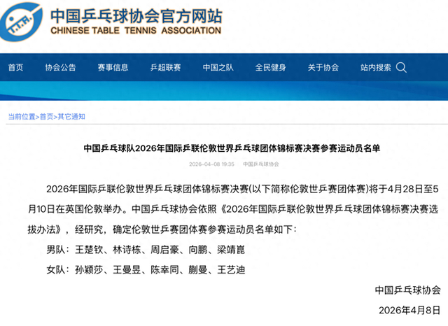 2026伦敦世乒赛团体名单公布 樊振东主动退出引关
